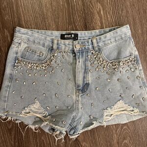 Embellished Light Blue Denim Shorts
